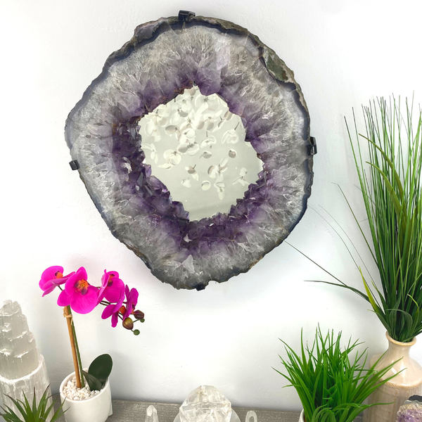 Wholesale Amethyst Slice Mirror with Custom Iron Frame - 15.55kg 15.75"w x 18.5"h-Mirrors-Angelic Healing Crystals Wholesale