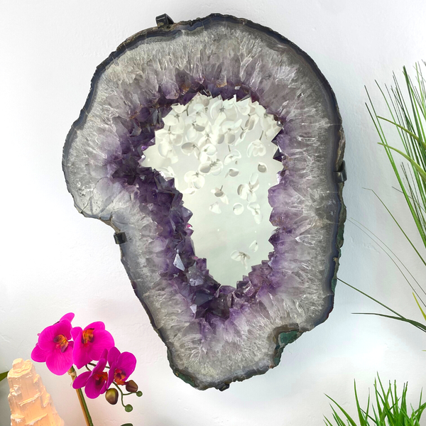 Wholesale Amethyst Slice Mirror with Custom Iron Frame - 18.85kg 16.5"w x 22.5"h-Mirrors-Angelic Healing Crystals Wholesale
